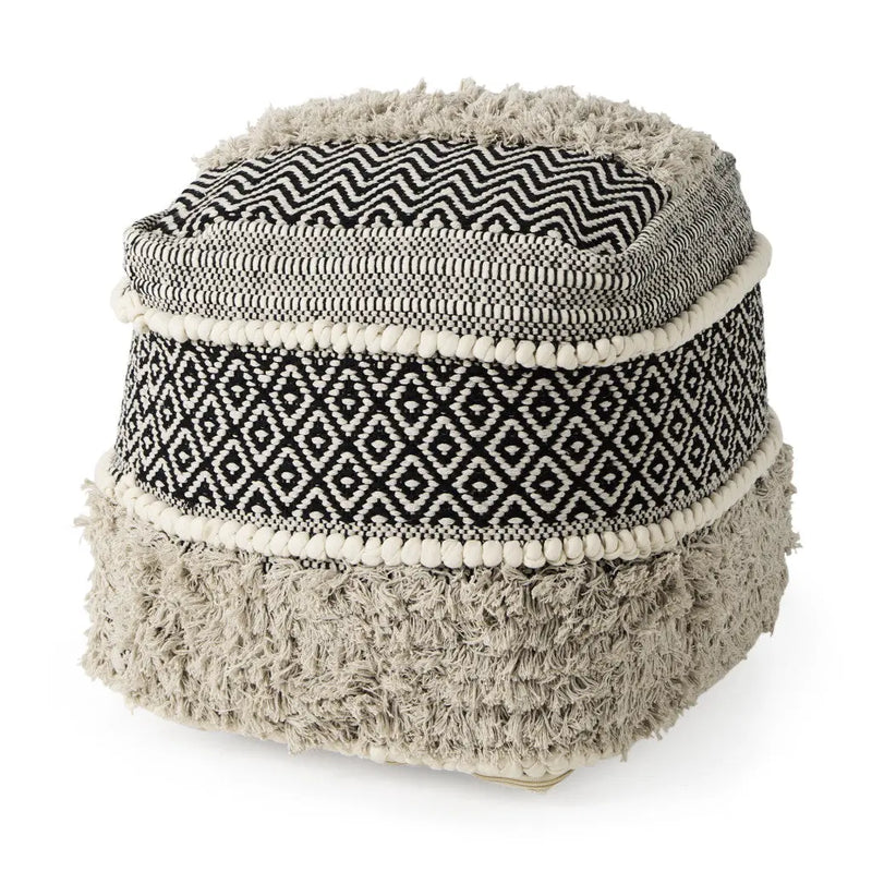 16" Black Gray and White Cotton Geometric Pouf Ottoman Homeroots Living Room