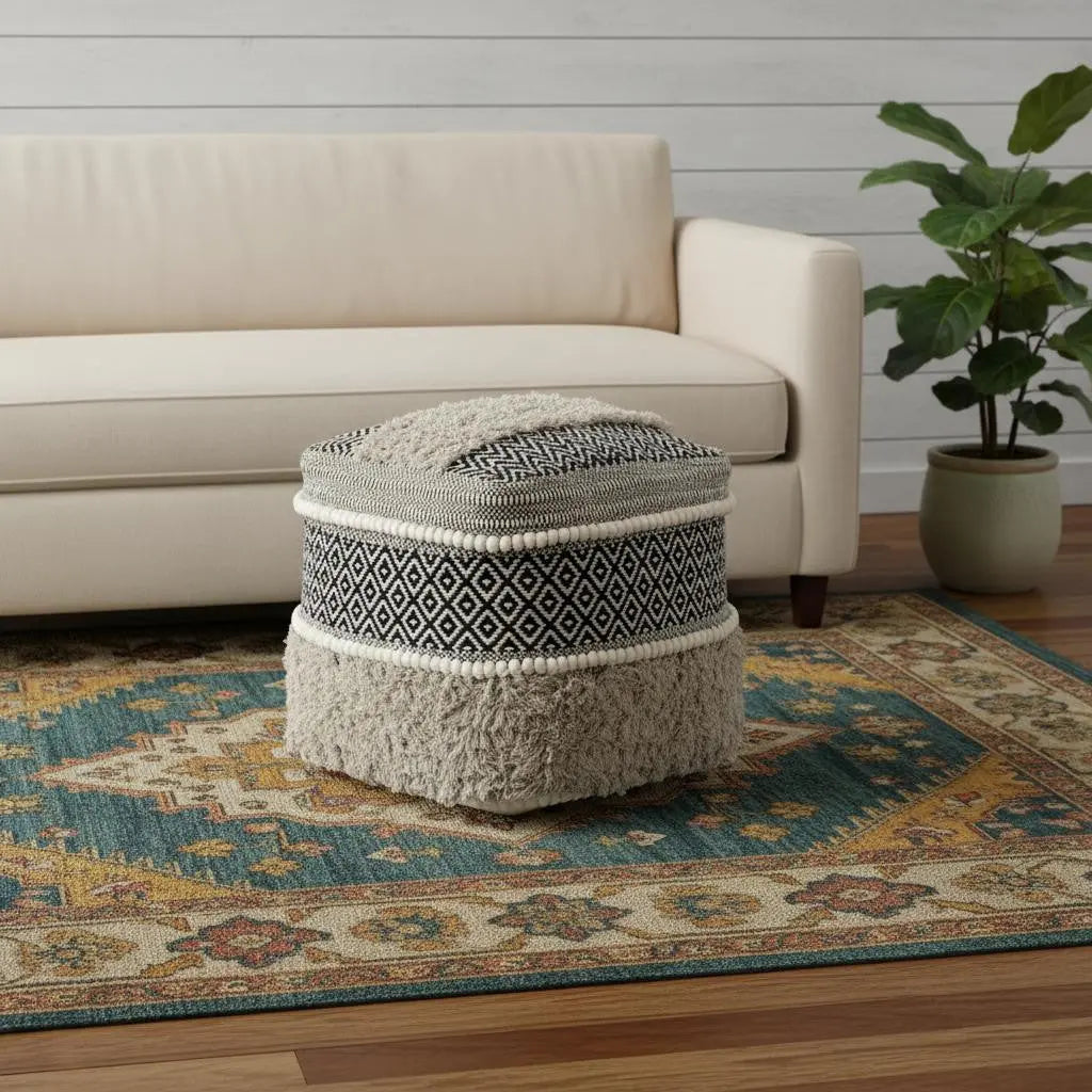 16" Black Gray and White Cotton Geometric Pouf Ottoman Homeroots Living Room