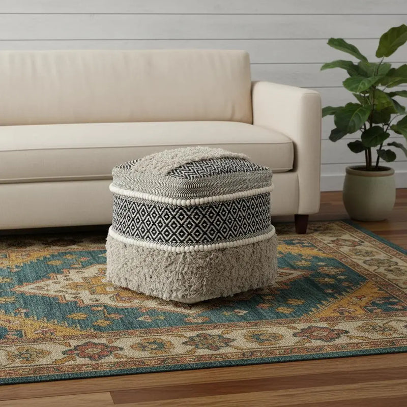 16" Black Gray and White Cotton Geometric Pouf Ottoman Homeroots Living Room