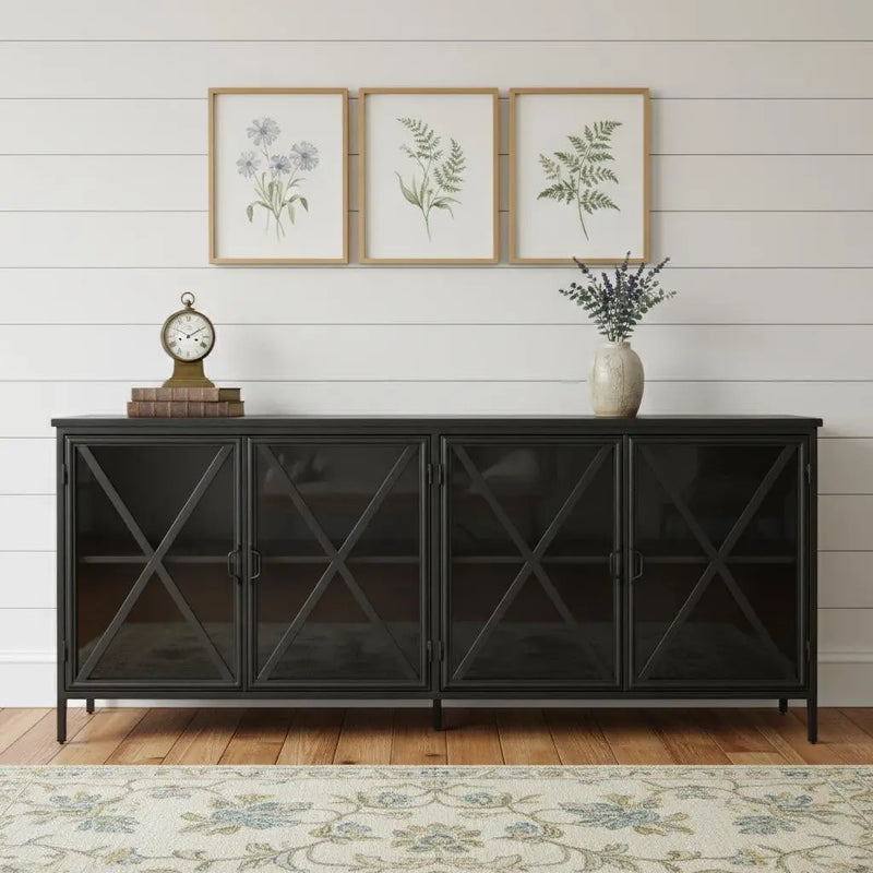 16" Black Iron Sideboard with Four Glass Doors Homeroots Kitchen & Dining