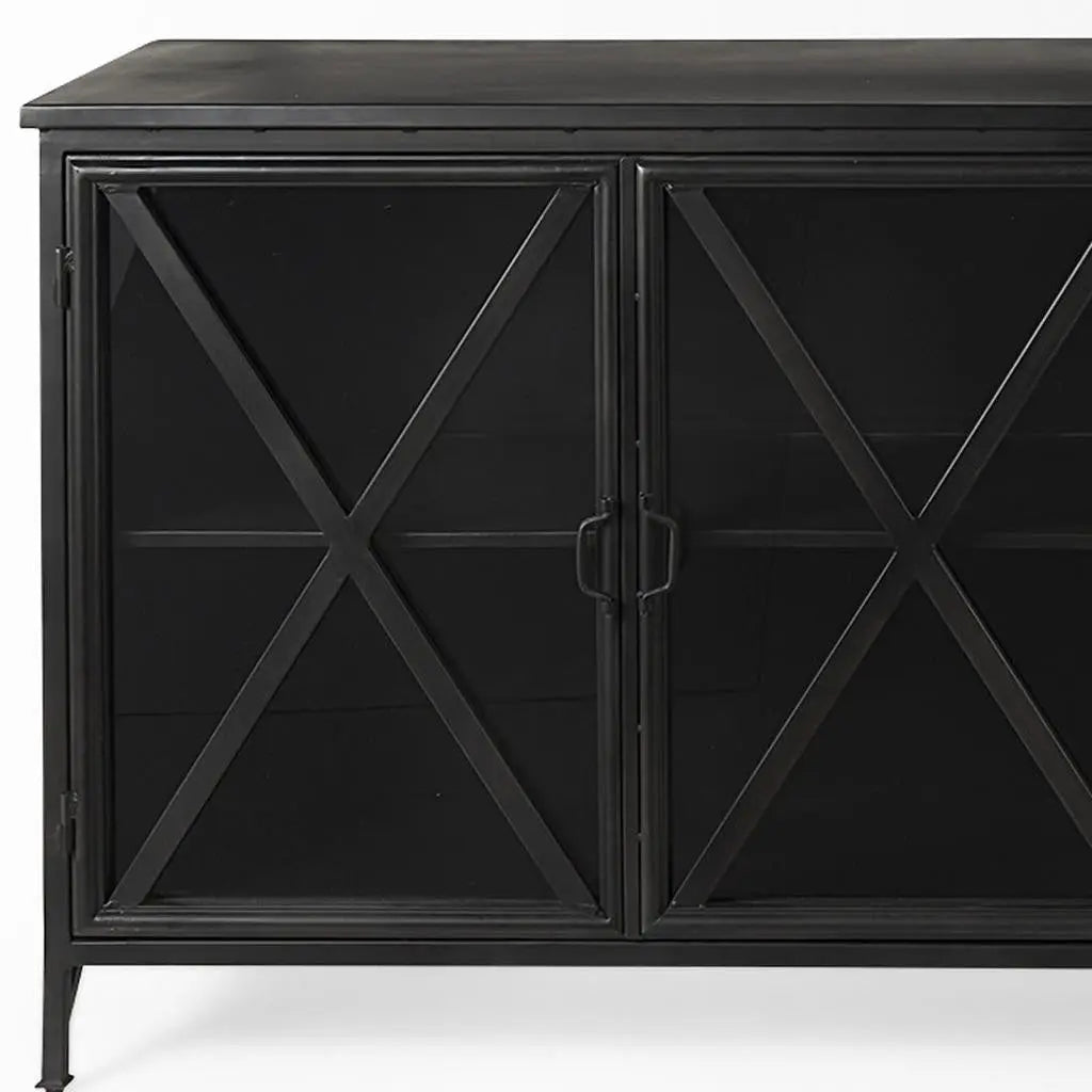 16" Black Iron Sideboard with Four Glass Doors Homeroots Kitchen & Dining