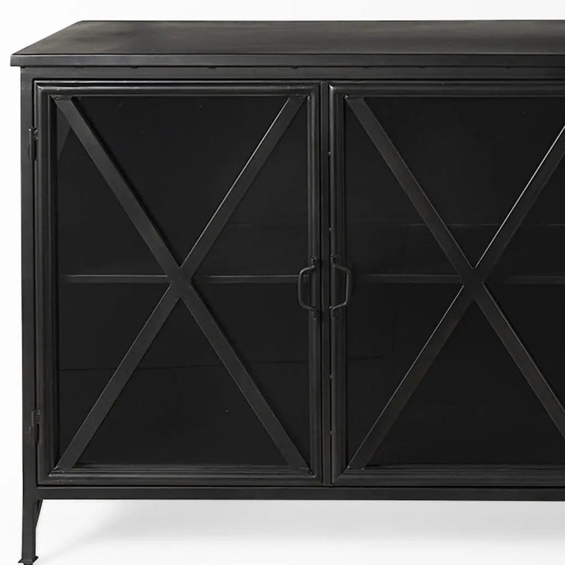 16" Black Iron Sideboard with Four Glass Doors Homeroots Kitchen & Dining