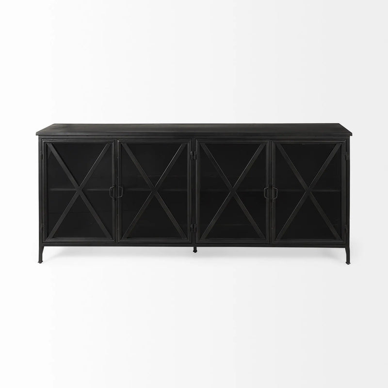 16" Black Iron Sideboard with Four Glass Doors Homeroots Kitchen & Dining