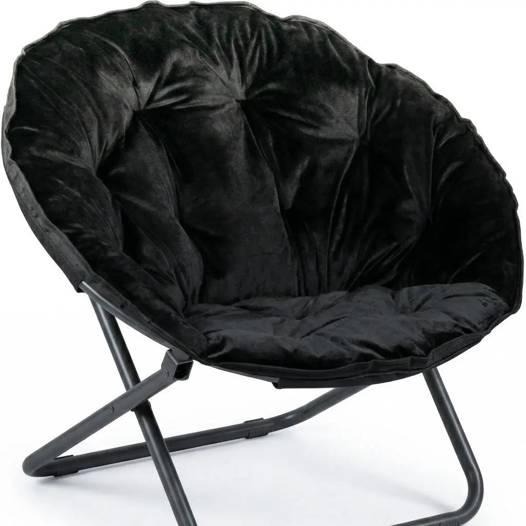 16" Black Tufted Faux Fur and Metal Folding Lounge Chair Homeroots Living Room
