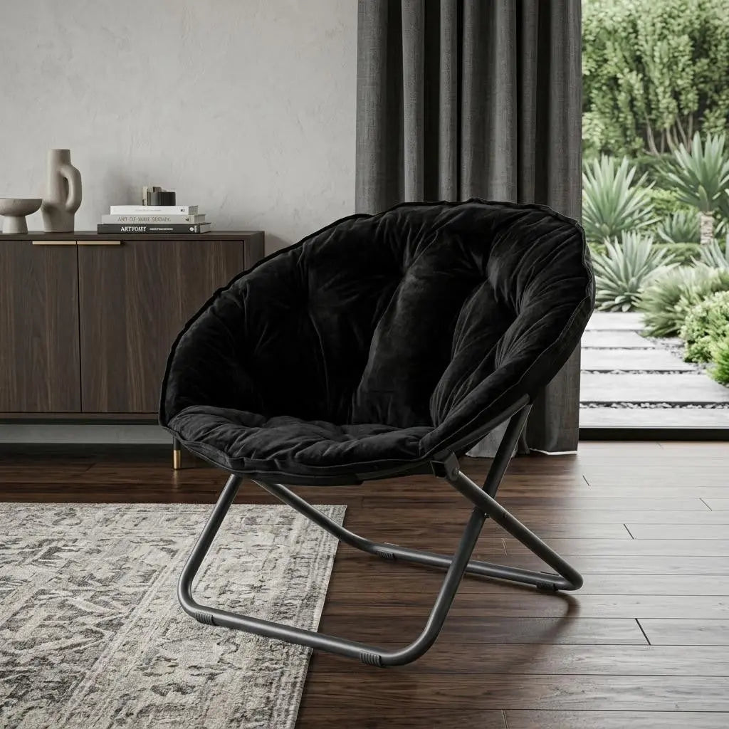 16" Black Tufted Faux Fur and Metal Folding Lounge Chair Homeroots Living Room