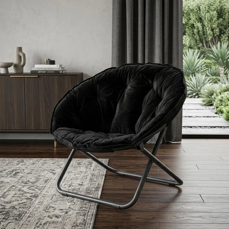 16" Black Tufted Faux Fur and Metal Folding Lounge Chair Homeroots Living Room