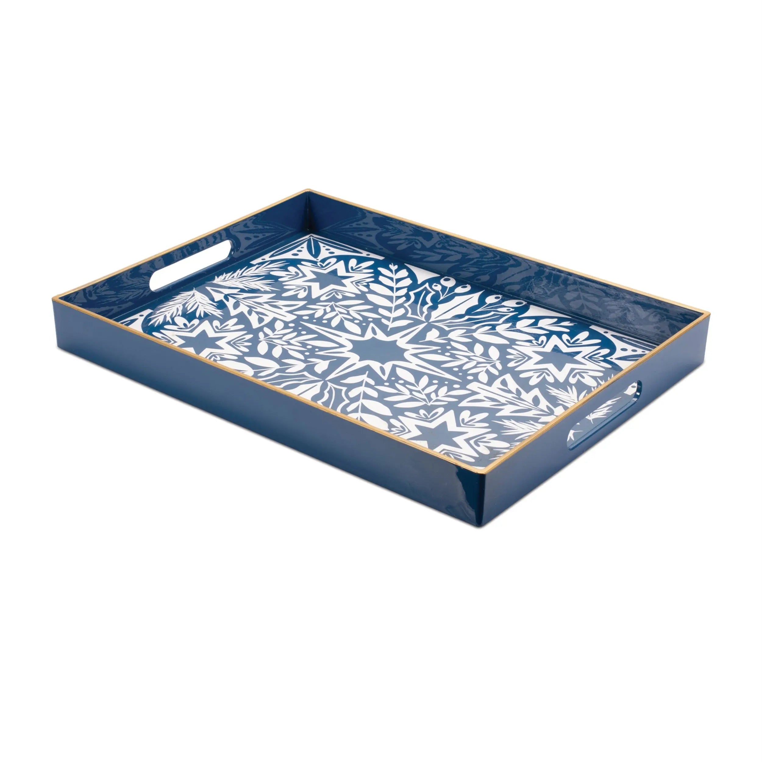 16" Blue And White Geometric Star And Trees Serving Tray With Handles - GreatEagleInc