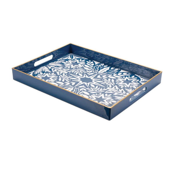 16" Blue And White Geometric Star And Trees Serving Tray With Handles - GreatEagleInc