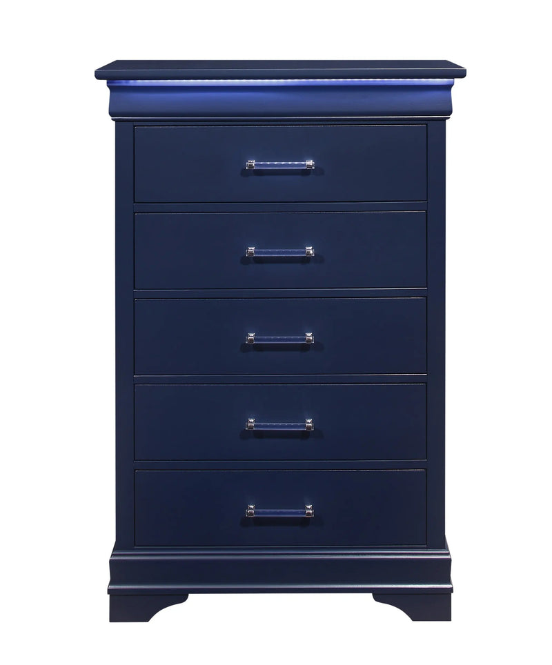 16" Blue Solid Wood Five Drawer Chest With LED Lighting - GreatEagleInc