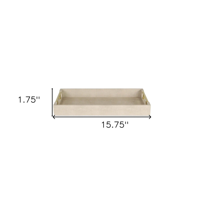16" Cream Wood and Vinyl Faux Shagreen Serving Tray With Gold Handles Homeroots Kitchen & Dining