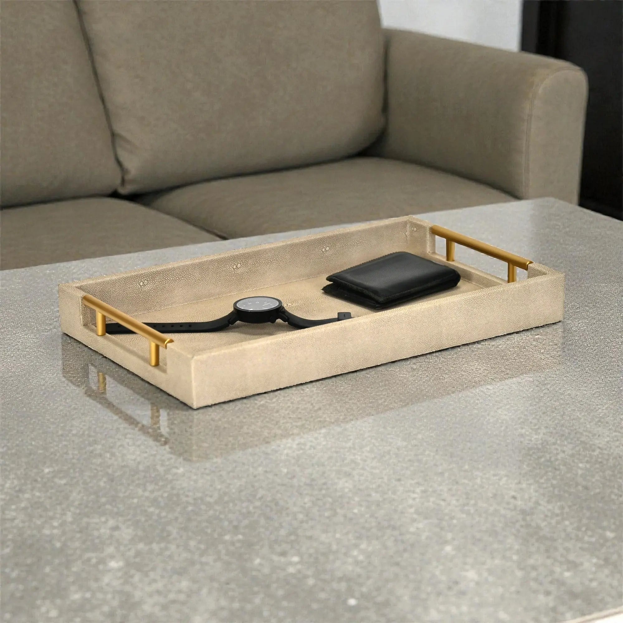 16" Cream Wood and Vinyl Faux Shagreen Serving Tray With Gold Handles Homeroots Kitchen & Dining