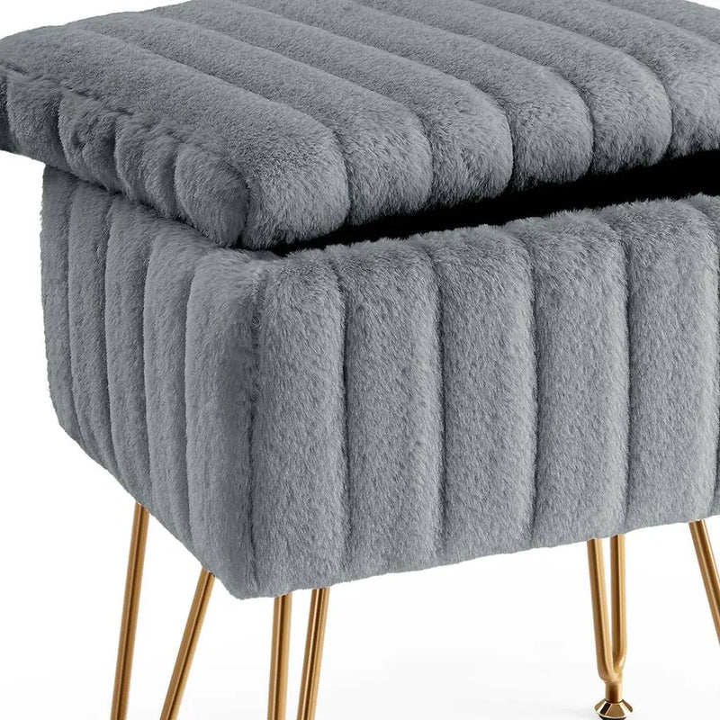 16" Gray and Gold Faux Fur Storage Ottoman Homeroots Living Room