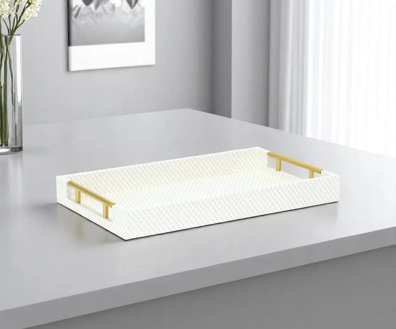 16" Ivory And Gold Geometric Print Handmade Serving Tray With Handles Homeroots Kitchen & Dining