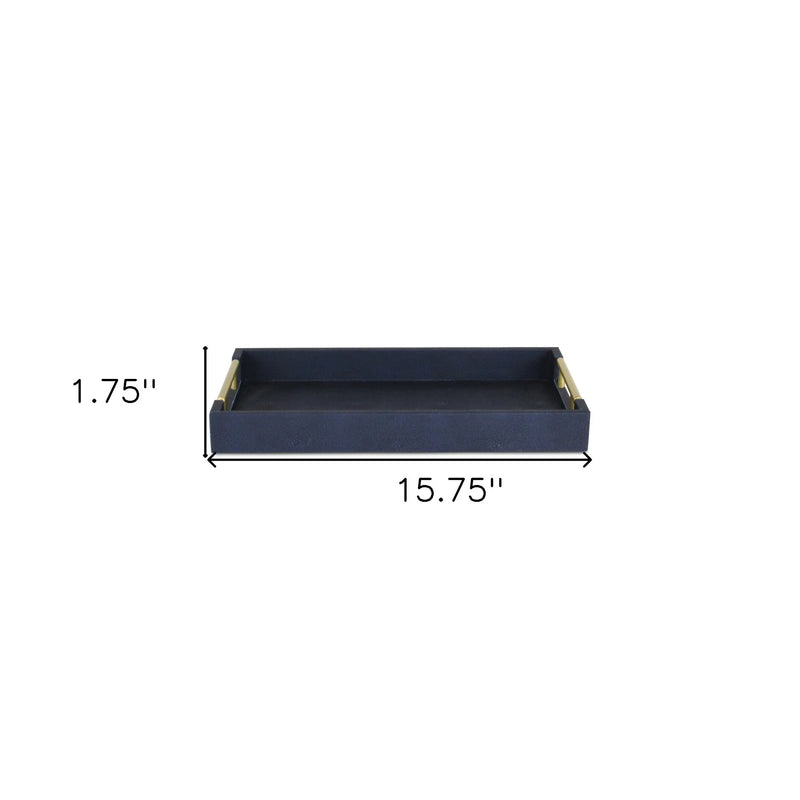 16" Navy Blue Wood Faux Shagreen Serving Tray With Handles Homeroots Kitchen & Dining