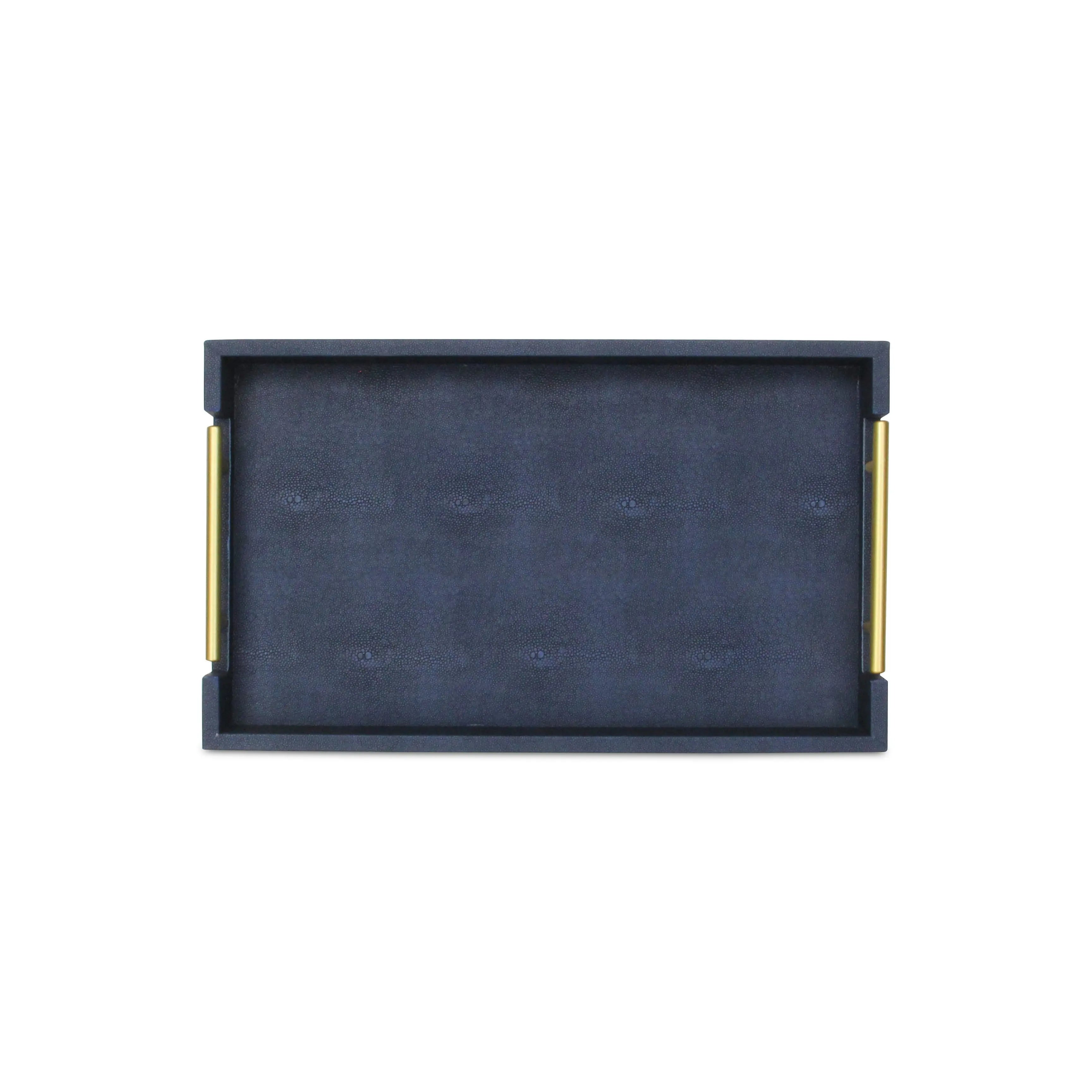 16" Navy Blue Wood Faux Shagreen Serving Tray With Handles Homeroots Kitchen & Dining