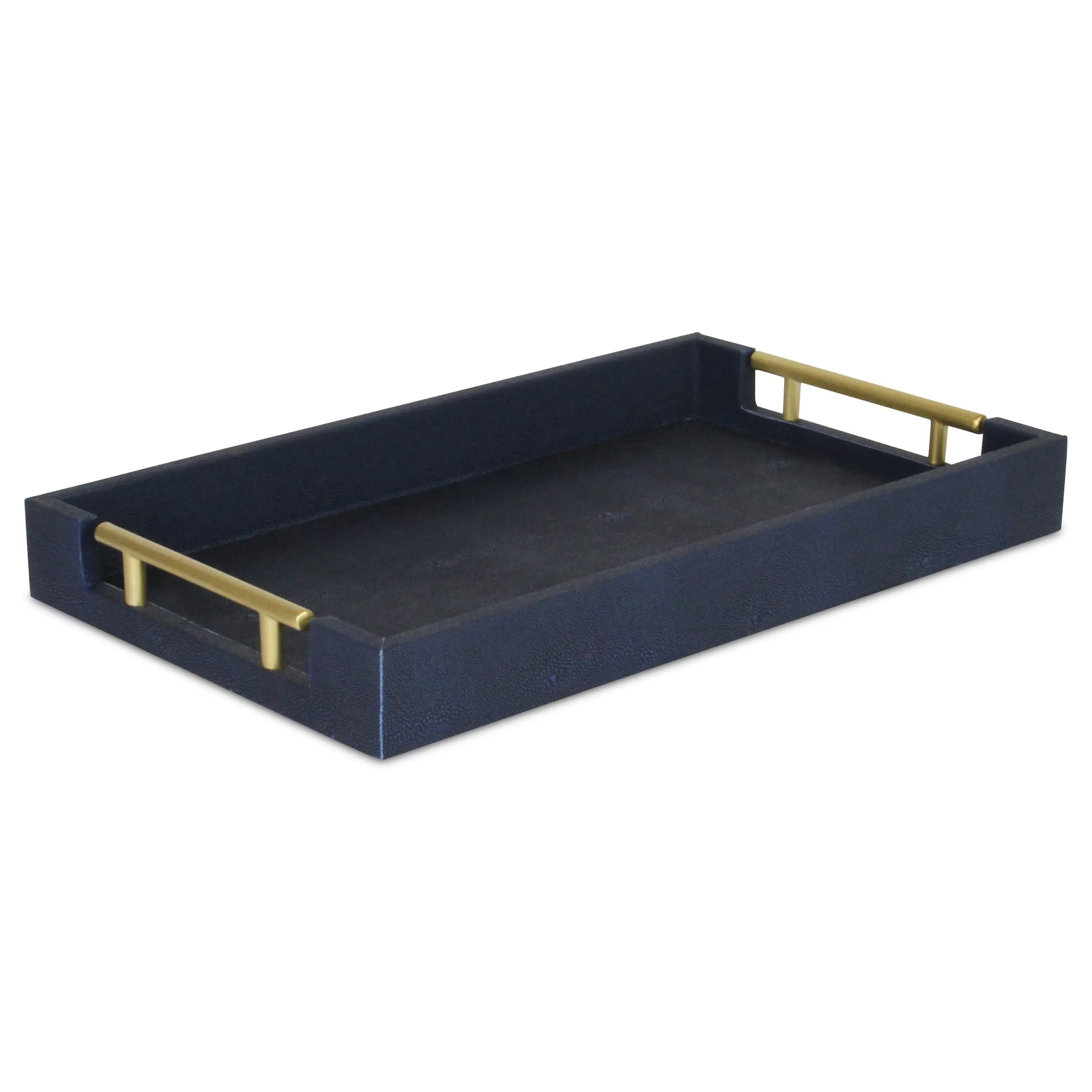 16" Navy Blue Wood Faux Shagreen Serving Tray With Handles Homeroots Kitchen & Dining
