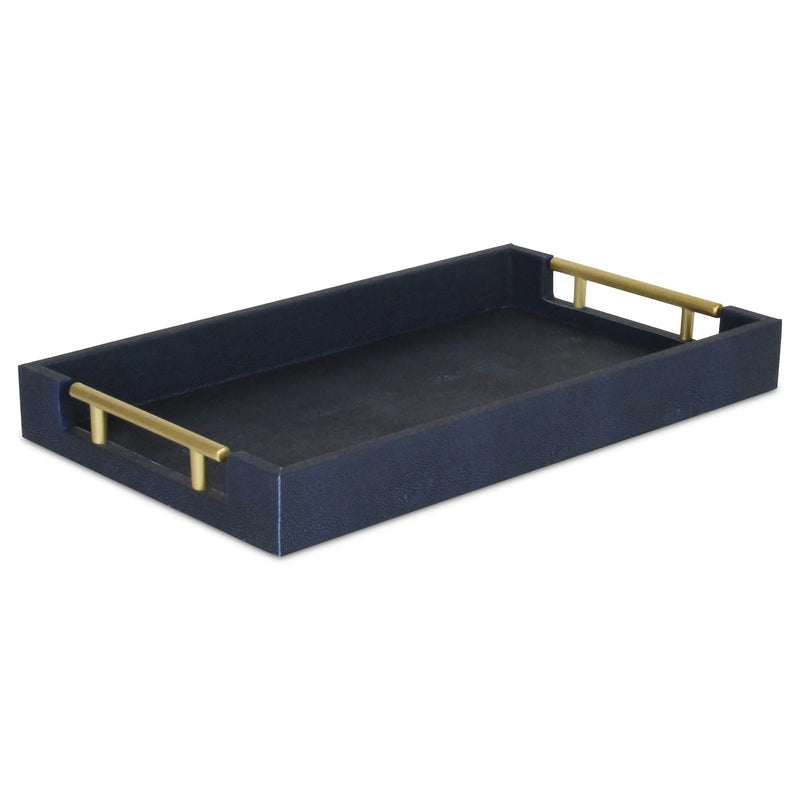 16" Navy Blue Wood Faux Shagreen Serving Tray With Handles Homeroots Kitchen & Dining