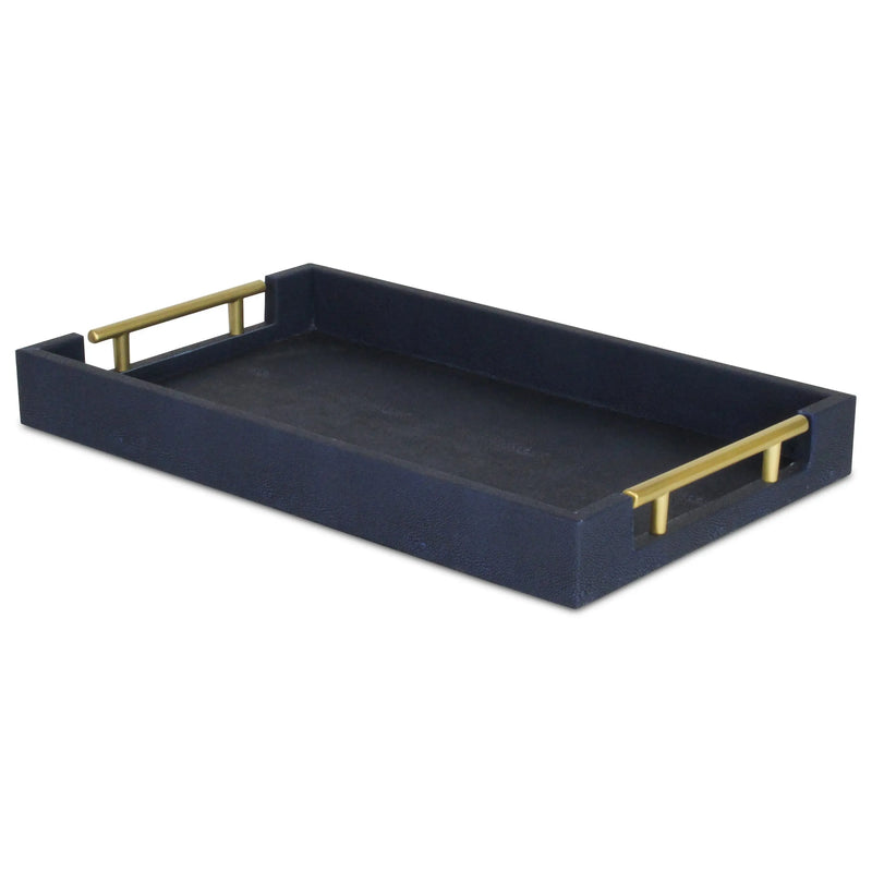 16" Navy Blue Wood Faux Shagreen Serving Tray With Handles Homeroots Kitchen & Dining