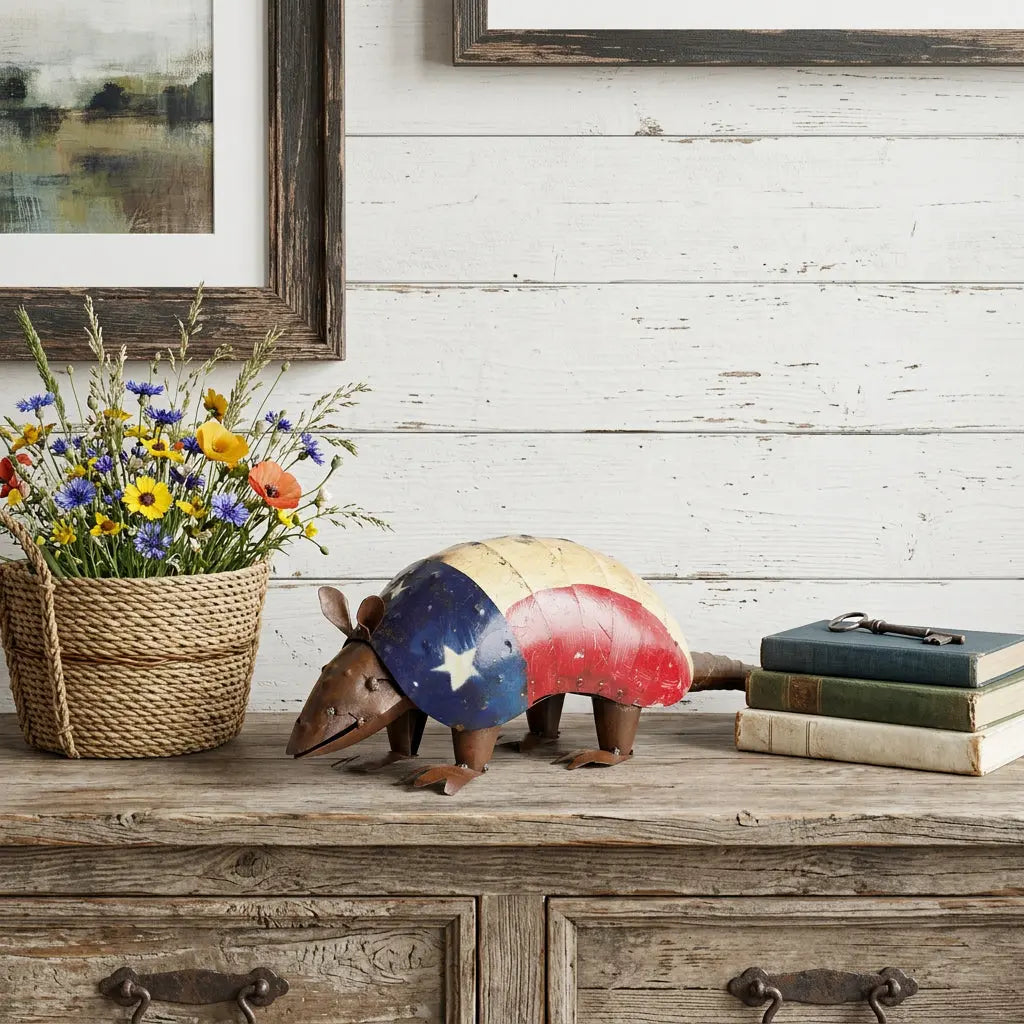 16" Red Off White And Blue Metal Armadillo Tabletop Sculpture Homeroots Home Decor