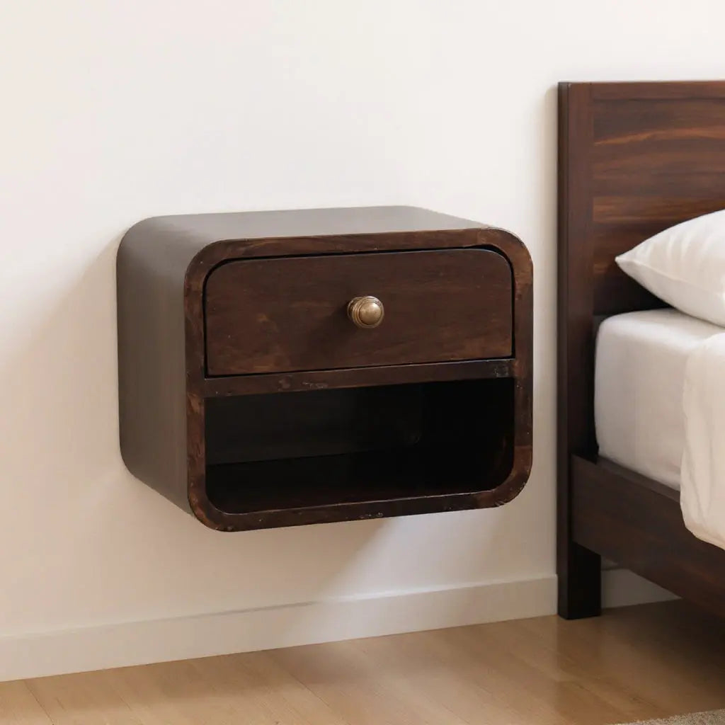 16" Walnut Solid Wood Round One Drawer Floating Nightstand Homeroots Bed & Bath