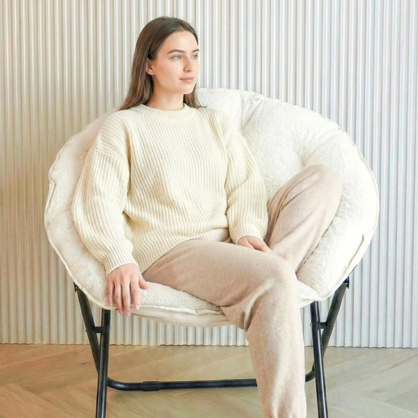 16" White Tufted Faux Fur and Metal Folding Lounge Chair Homeroots Living Room