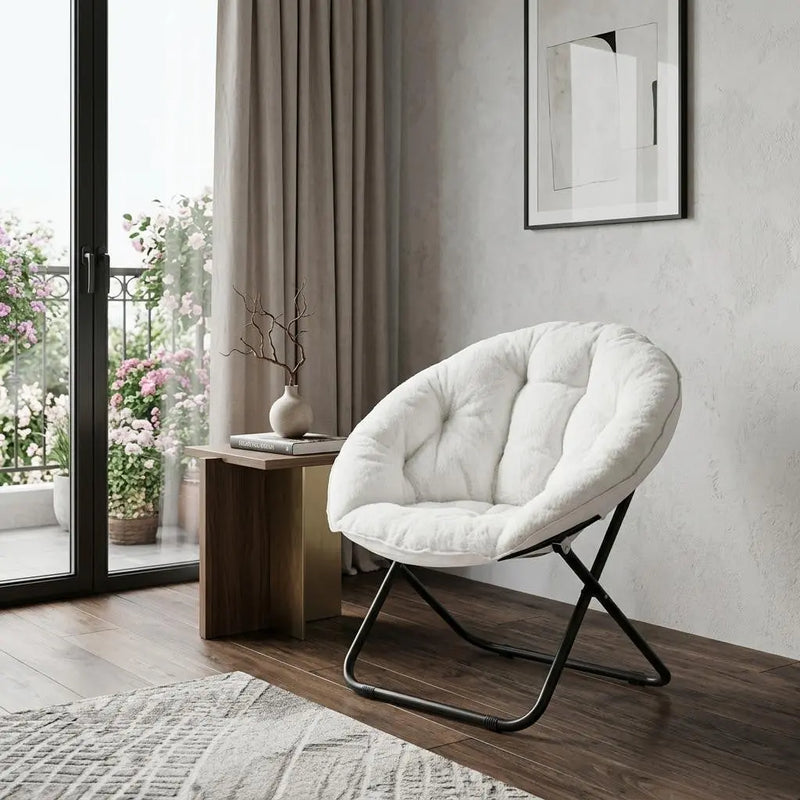 16" White Tufted Faux Fur and Metal Folding Lounge Chair Homeroots Living Room