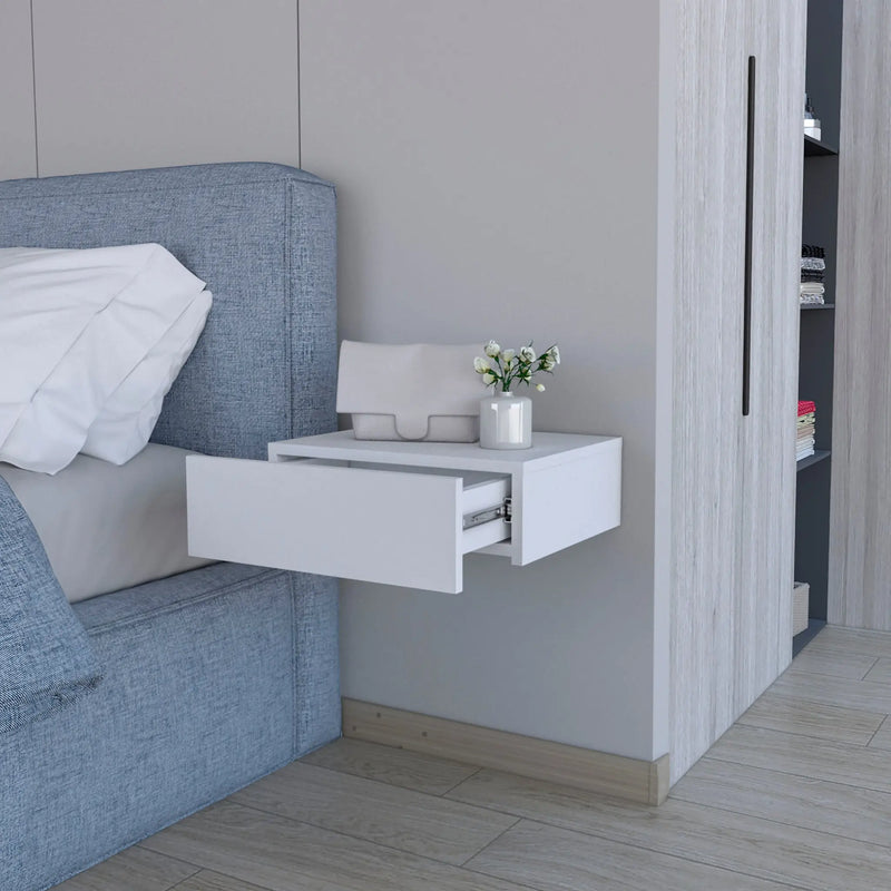 16" White Wood One Drawer Floating Nightstand Homeroots Bed & Bath