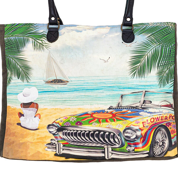 Recycled market tote with colorful beach-and-car graphic and black strap handles