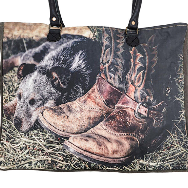 Recycled tent market tote with dog and boots graphic front and dark leather handles