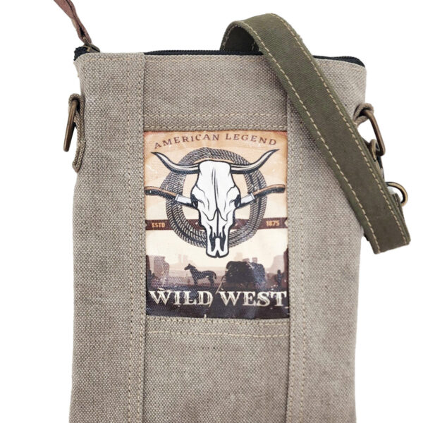 Small crossbody bag with Wild West skull graphic patch and adjustable canvas strap.