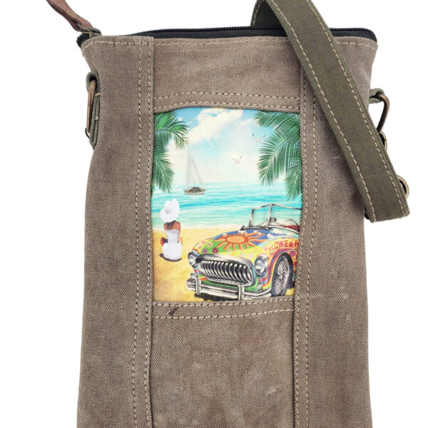 Earthtone small crossbody bag with front pocket and colorful vintage car graphic