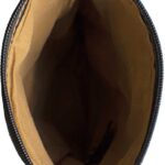 Small crossbody bag interior with brown fabric lining and stitched side opening