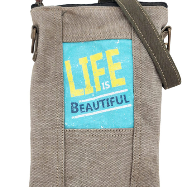 Small earthtone canvas crossbody bag with blue “LIFE is BEAUTIFUL” front patch