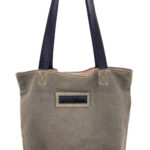 Antique earthtone recycled tent tote with dark handles and front logo pocket
