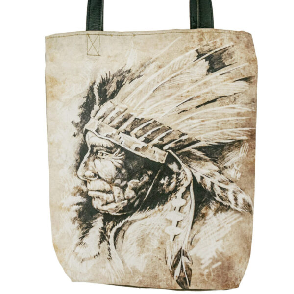 Antique canvas tote with native portrait print and dark green handles
