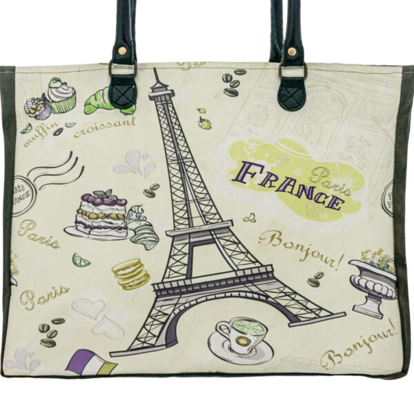 Recycled canvas tote bag with Eiffel Tower and Paris-themed graphic, dark handle straps