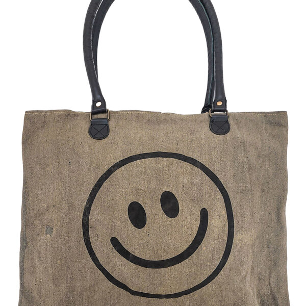 Recycled canvas tote bag with smiley face graphic and dark top handles