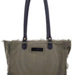 Dark green canvas tote with two top handles and fringed side panels