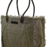 Dark green canvas tote with front label, fringed trim, and two top handles
