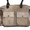 Recycled military tent shoulder bag with front pocket panels and top handles