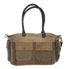 Olive recycled military tent shoulder bag with dual top handles and front zip pocket