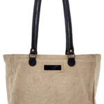 Earthtone canvas tote bag with two top handles and small front label patch