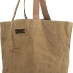 Earthtone tote bag with small front label patch and top handles