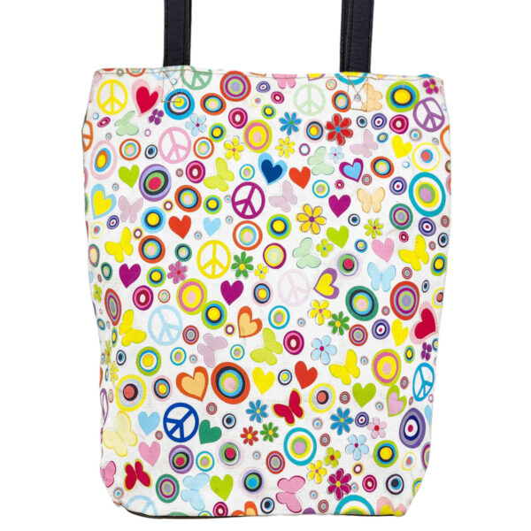 Recycled tote bag with colorful peace, heart, and flower prints and reinforced top straps