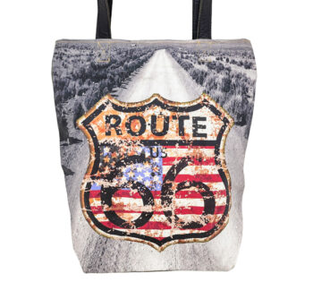 Recycled military tent tote bag with Route 66 graphic, gray fabric and stitched logo patch
