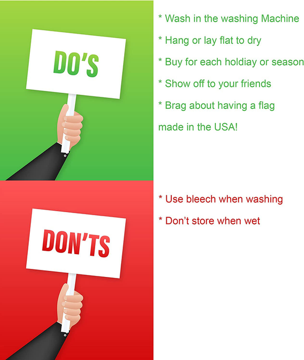 Garden flag care instructions card with DO'S and DON'TS signs