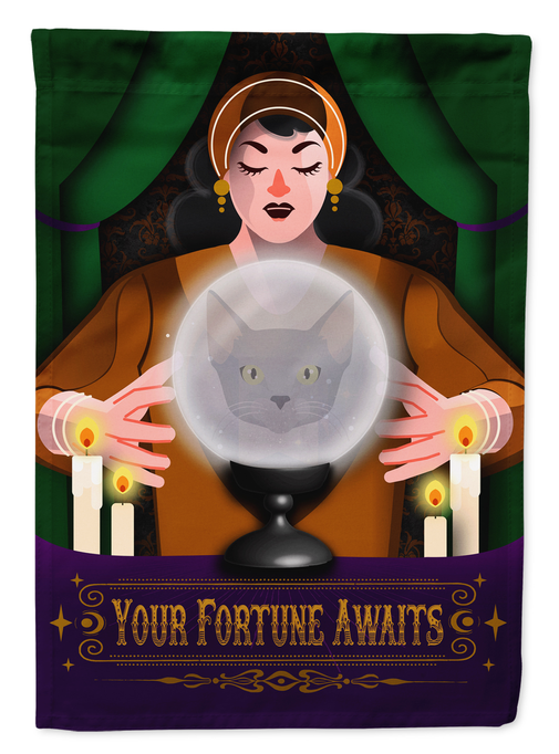 Halloween garden flag close-up of fortune teller holding crystal ball with gray cat