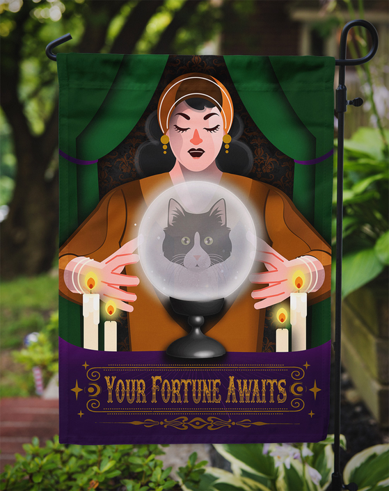 Halloween garden flag featuring green drapes and a gray cat in a crystal ball