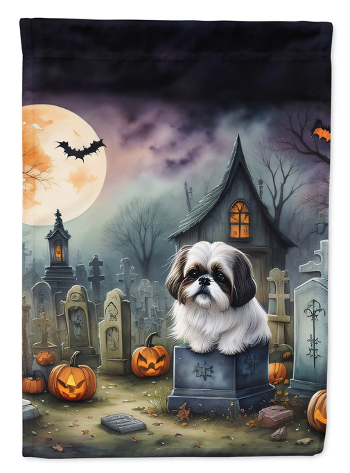 Spooky Shih Tzu Halloween garden flag with cemetery house, pumpkins, and smiling dog
