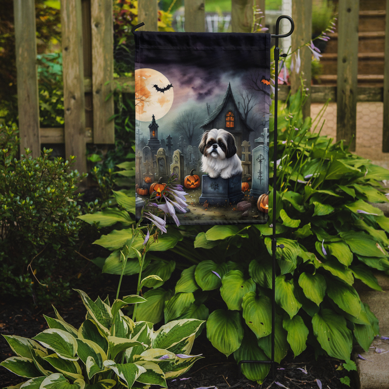 Spooky Shih Tzu Halloween garden flag displayed on a yard stake with pumpkins